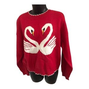 Luna Ivy‎ red white swan scallop edge trim long sweater size small brand new
